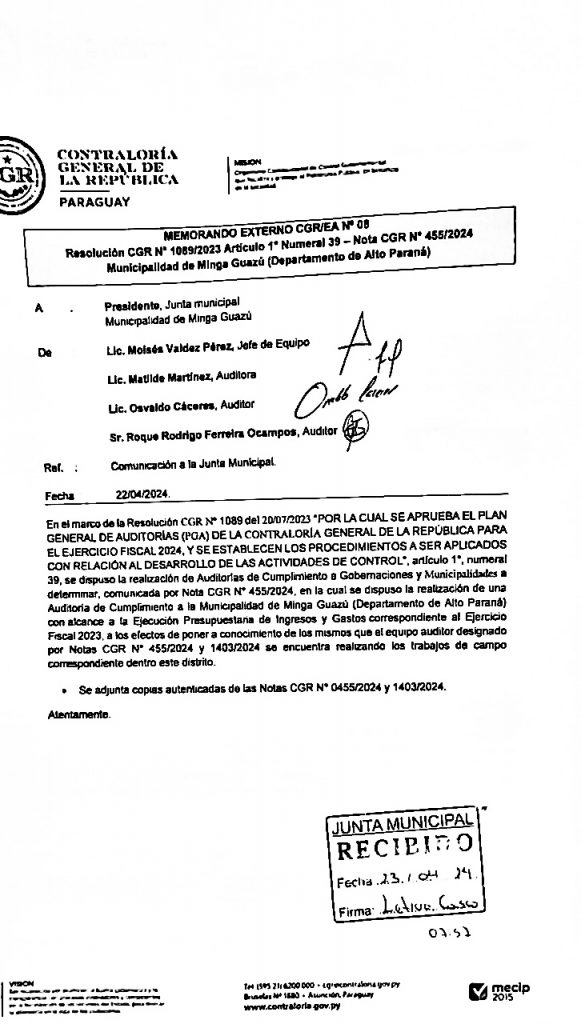 La CGR confirma que continúa auditoría a gestión de Diego Ríos en Minga Guazú